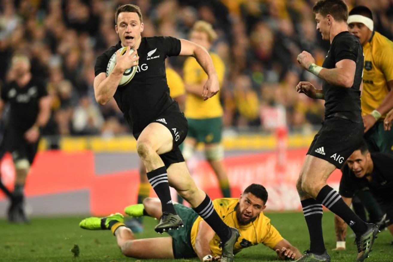 New Zealand's Ben Smith puts another five points on the board during Game 1 of the Bledisloe Cup.