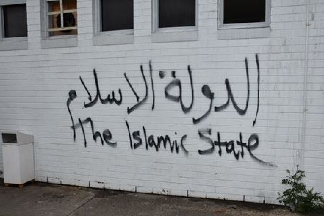 The Fawkner mosque was daubed with graffiti in English and Arabic hailing ISIS. Photo: AAP