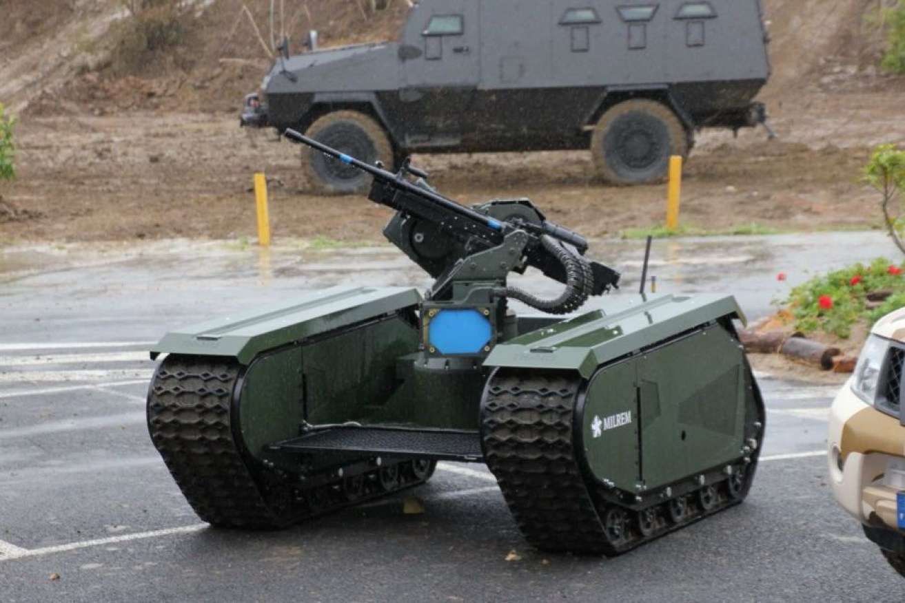 This unmanned combat vehicle, with a machine gun and grenade launcher, can be operated from afar.