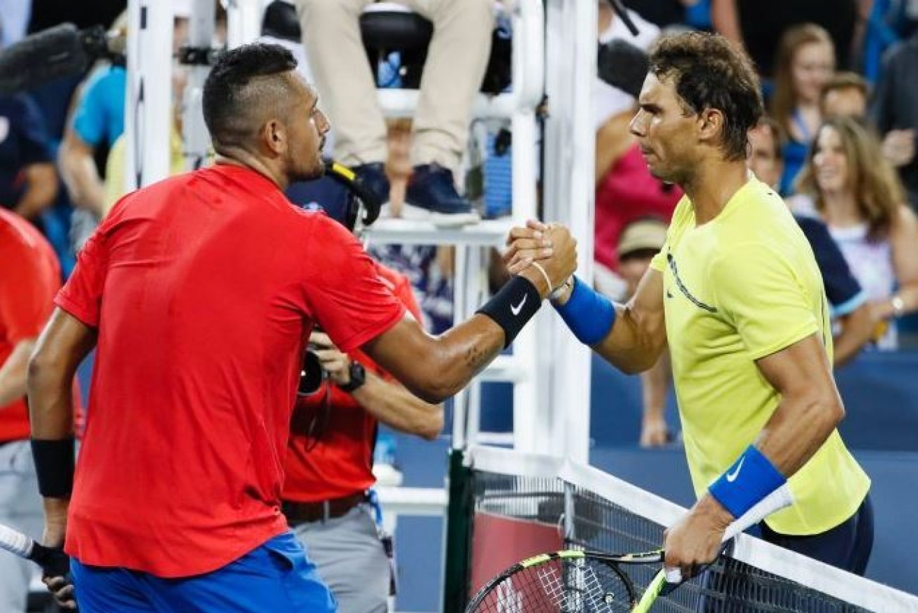 Nick Kyrgios presses the flesh with a defeated Rafael Nadal in Cincinnati.