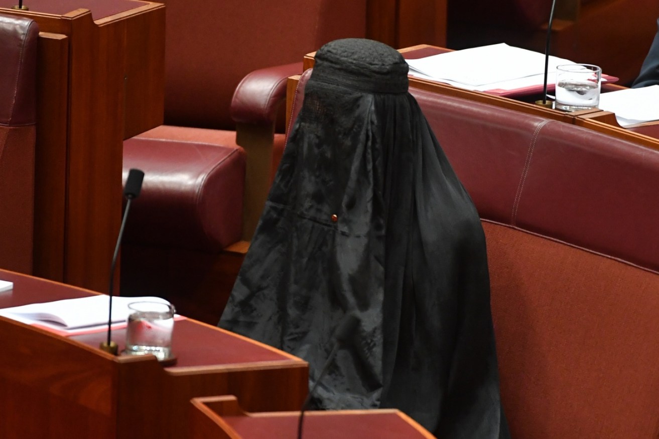 Pauline Hanson wearing the burqa in the Senate. 