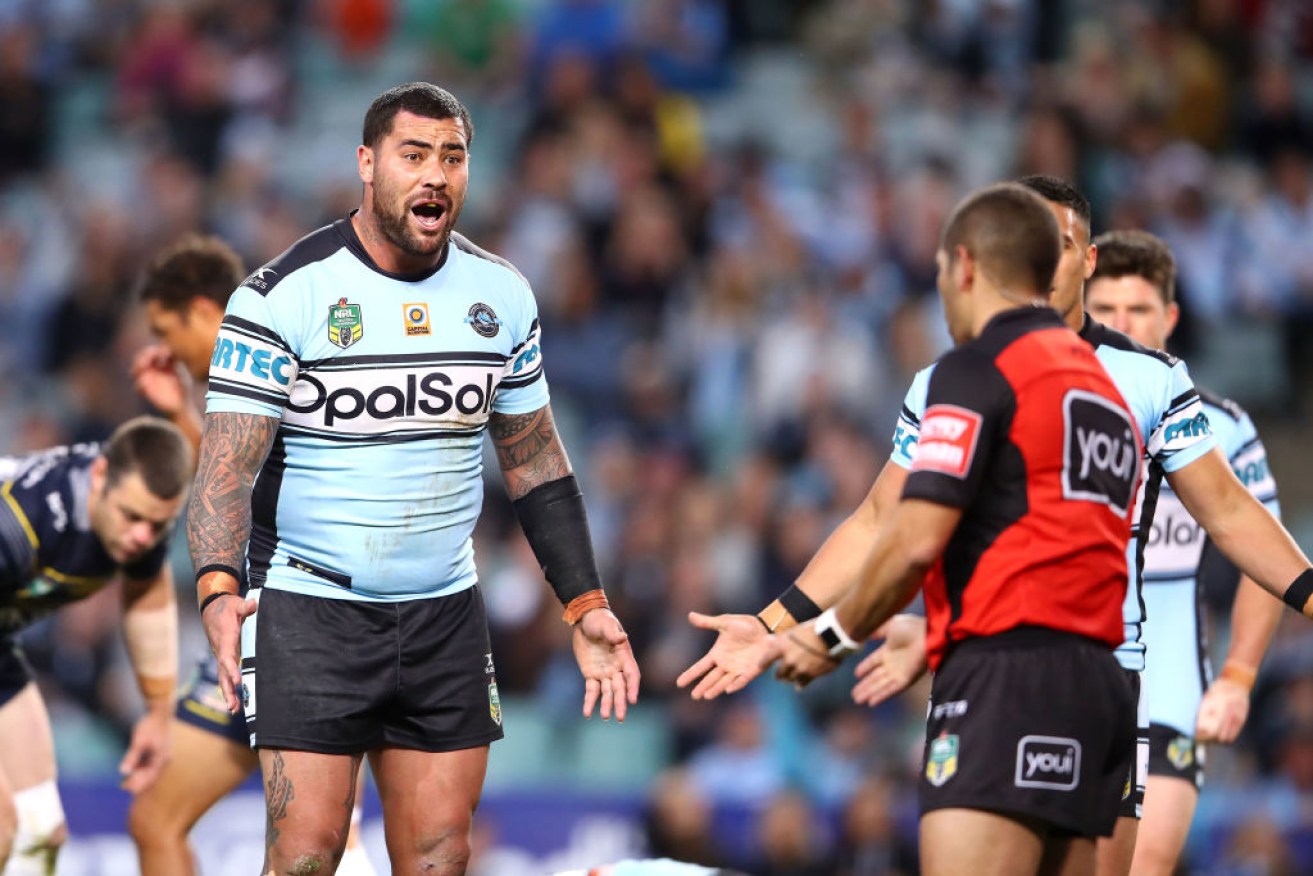 Andrew Fifita of the Sharks shows his frustration to referee Ashley Klein during the NRL elimination final.
