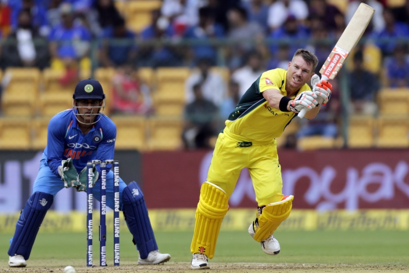 David Warner on the way to 124 in his 100th one-day international.