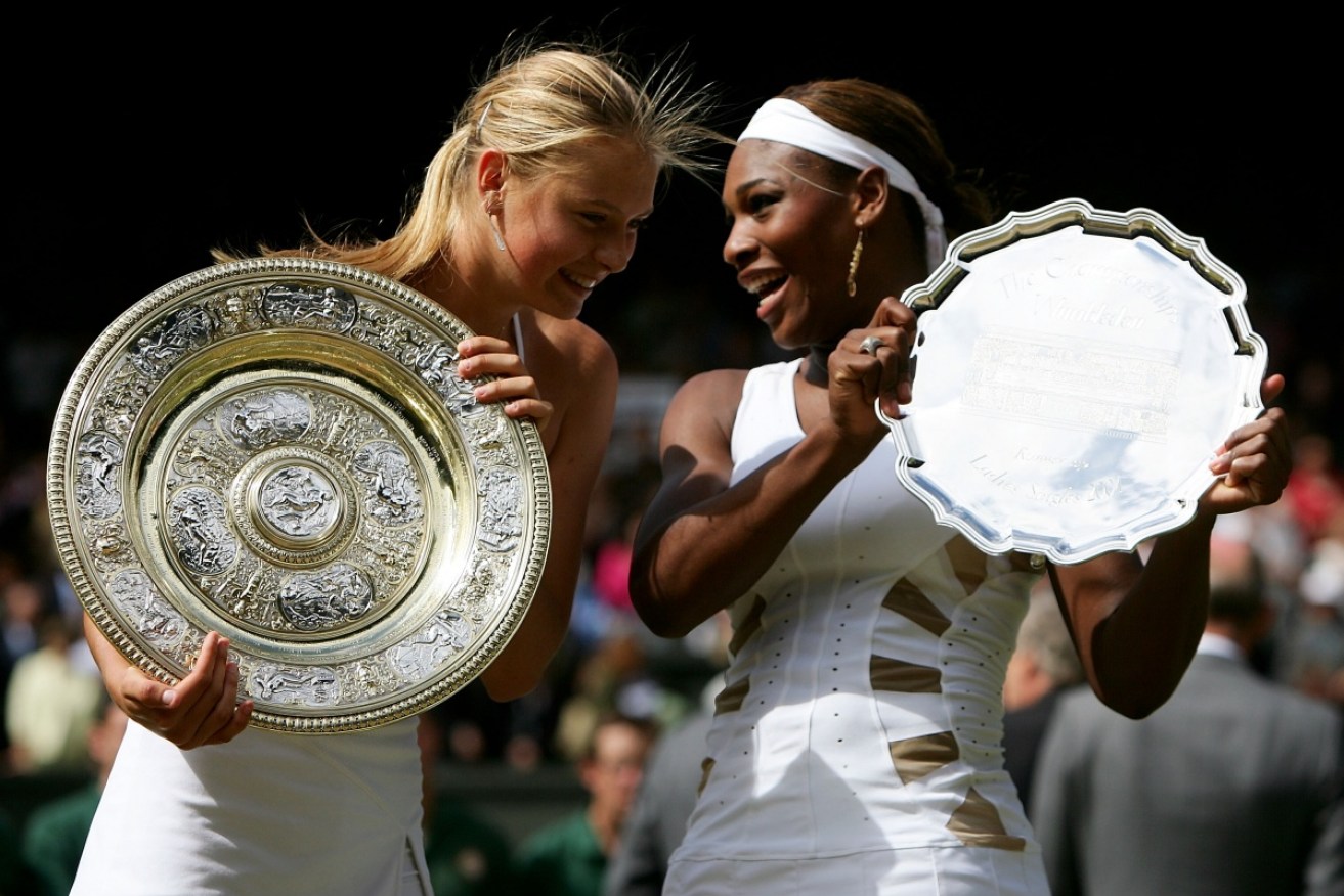 Maria Sharapova (L) on the day she vanquished long-time rival Serena Williams at Wimbledon in 2004. 