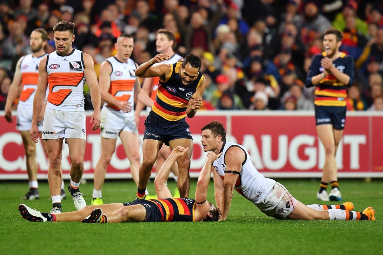 The Adelaide Crows celebrate another goal in their big win over GWS at the Adelaide Oval. 