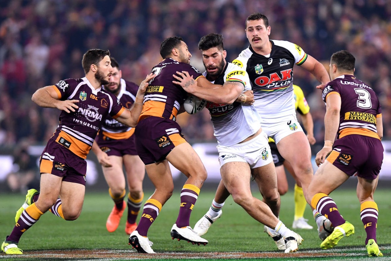 James Tamou of the Panthers takes on the defence during the clash with the Brisbane Broncos.