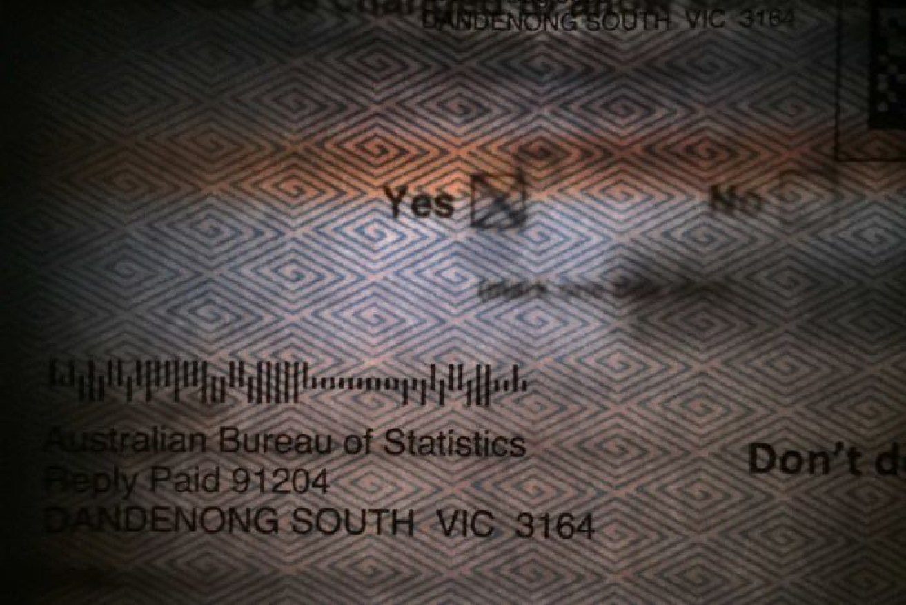 A same-sex marriage survey form backlit by a torch. 