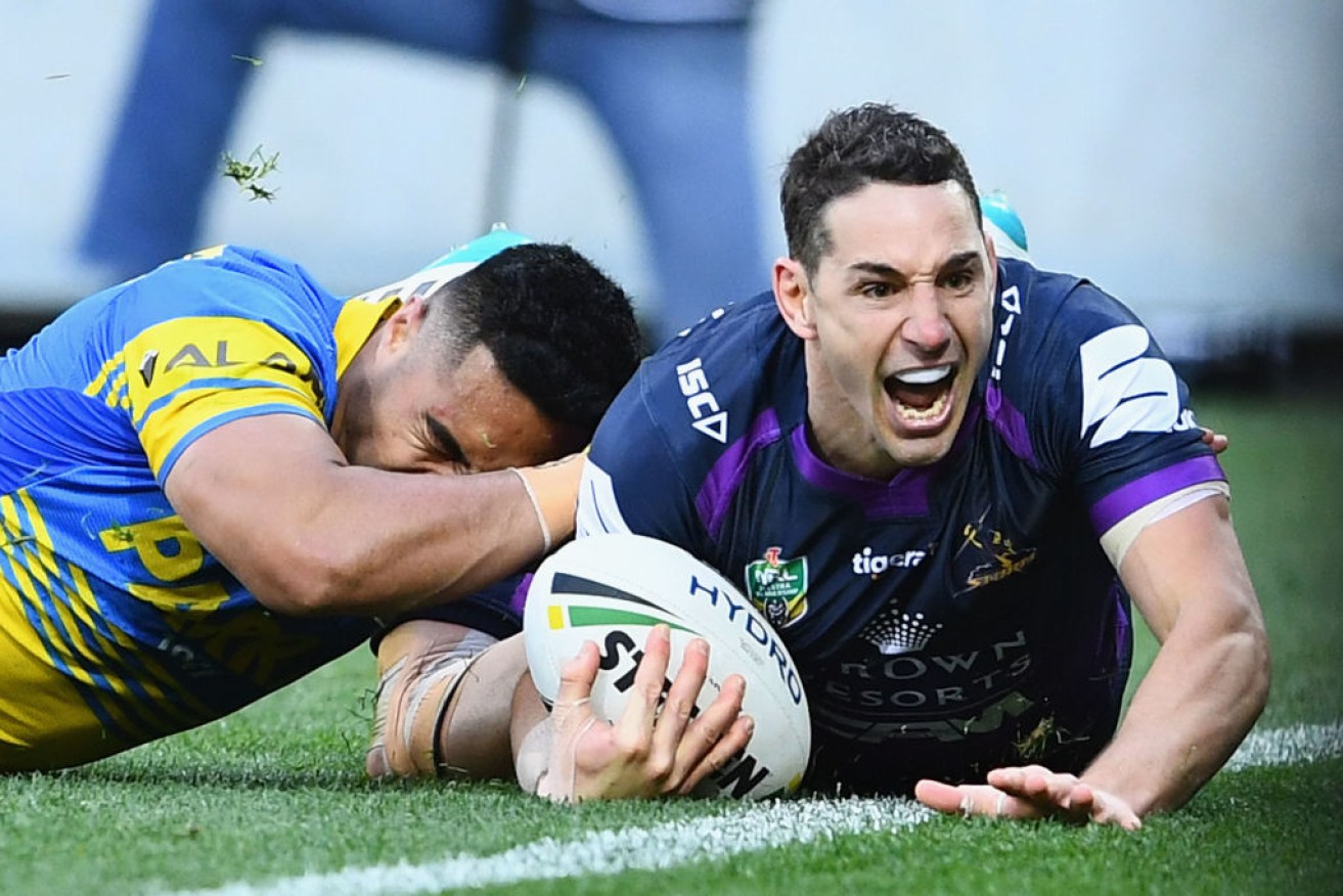 Billy Slater of the Storm scores a try against the Parramatta Eels.