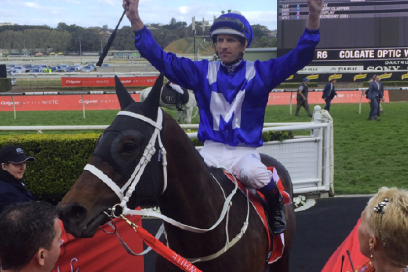Jockey Hugh Bowman celebrates Winx's win and contemplates her next start in the Group 1 Cox Plate at Moonee Valley next month. Photo: Twitter
