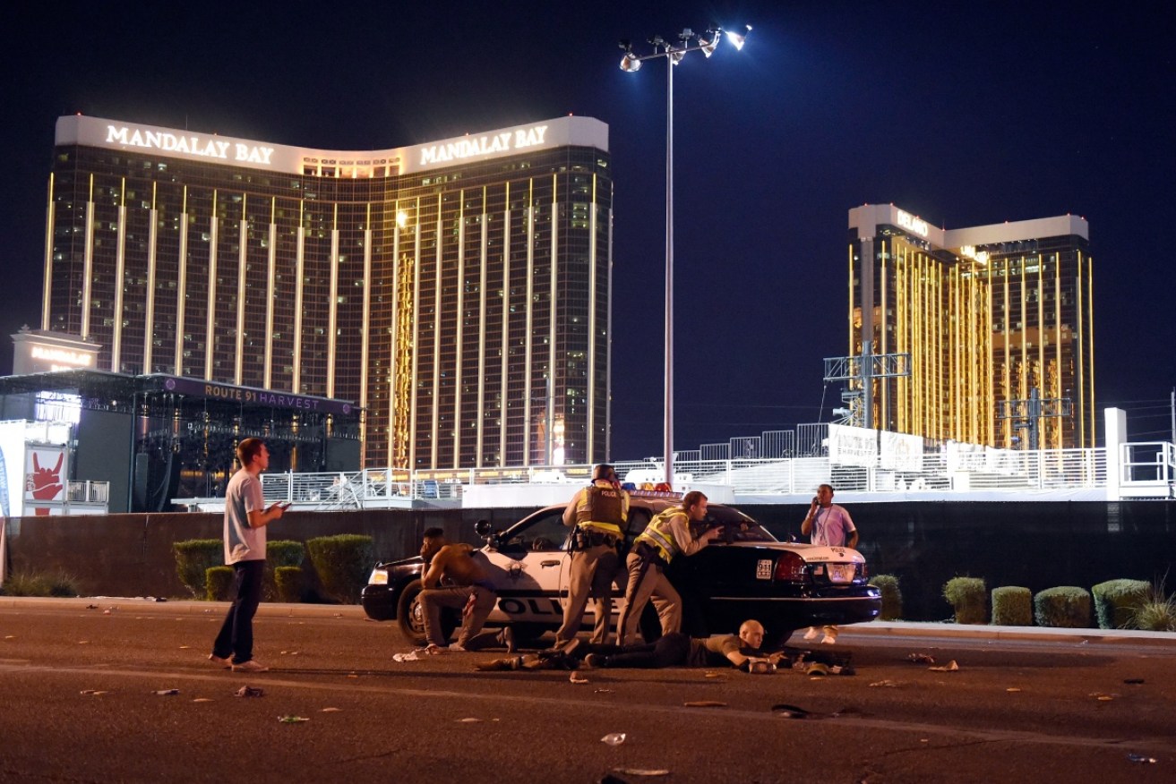 Police at the scene of the shooting at the Mandalay Bay Hotel and Casino.