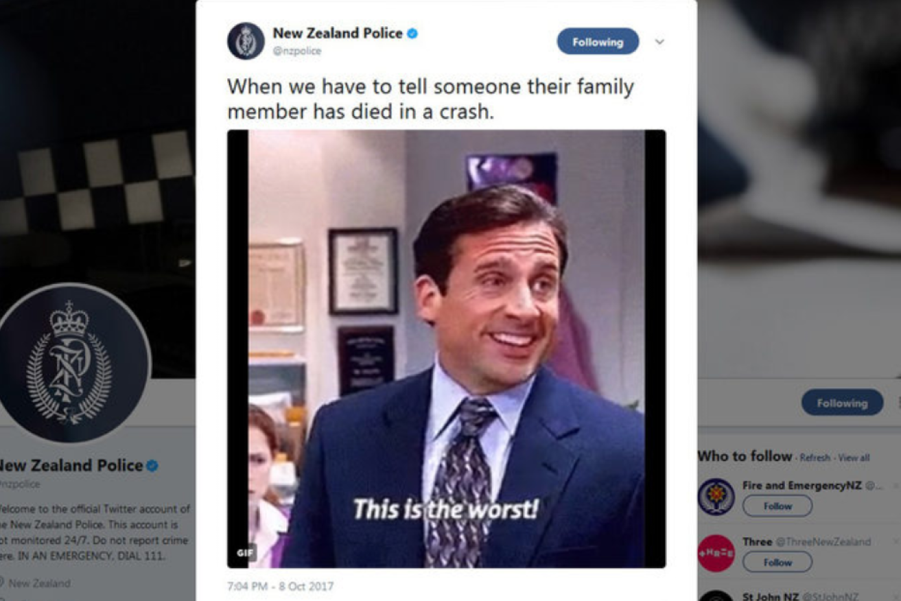 NZ police swiftly deleted a tweet with an insensitive Steve Carrell meme after a weekend of road crashes that killed nine people.