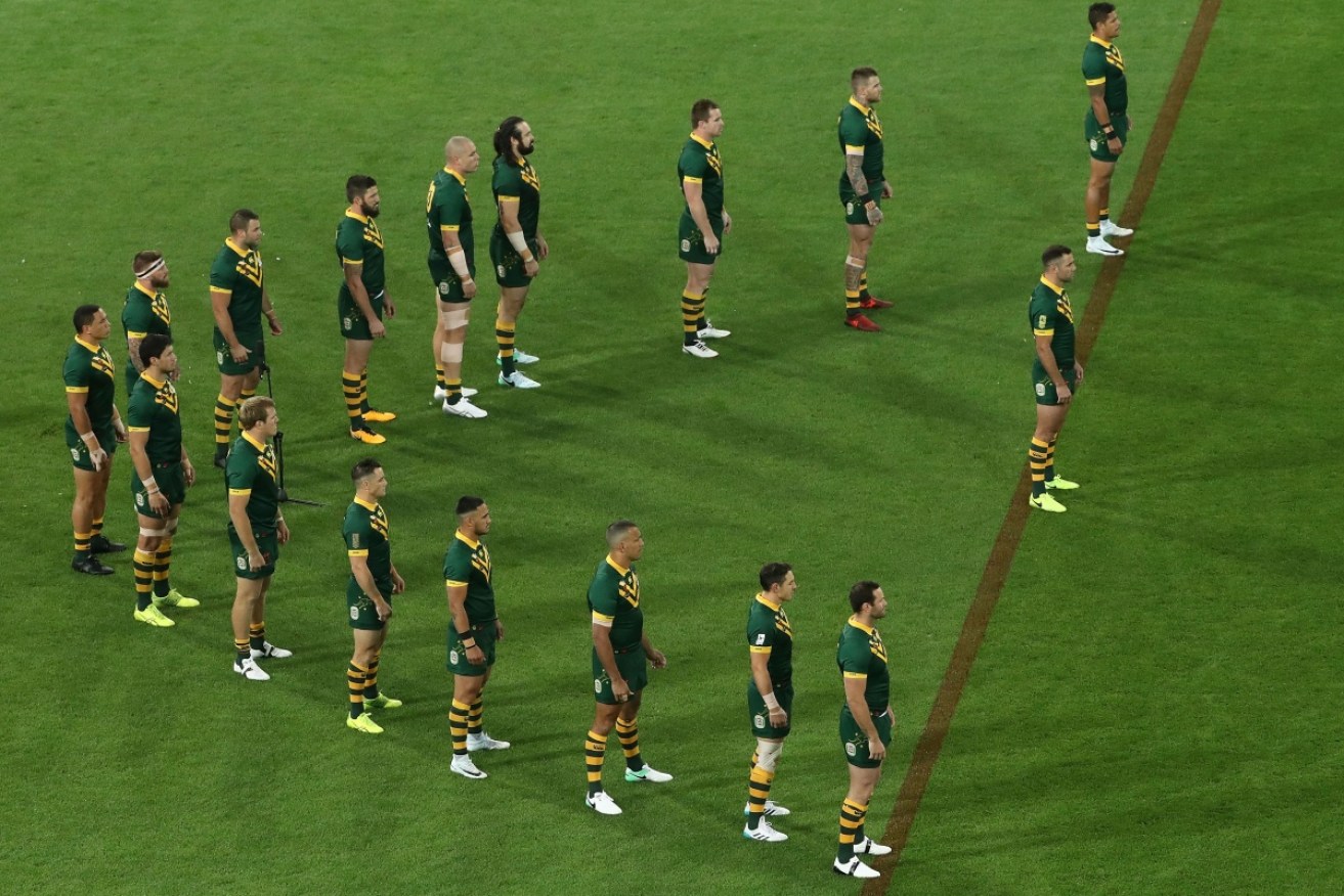 Australia lines up during the 2017 Rugby League World Cup match against England in Melbourne on Friday.