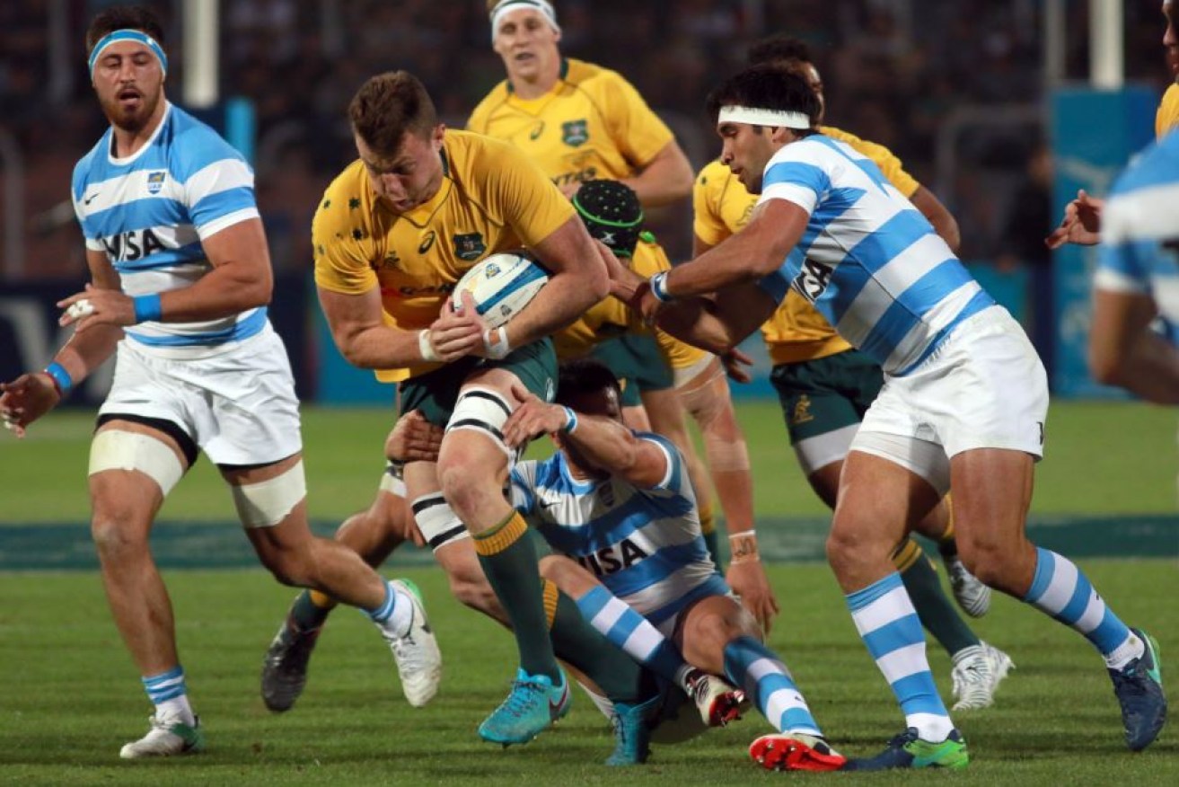 Wallabies' Jack Dempsey  barrels through a wall of Pumas as Australia builds its winning lead over Argentina.