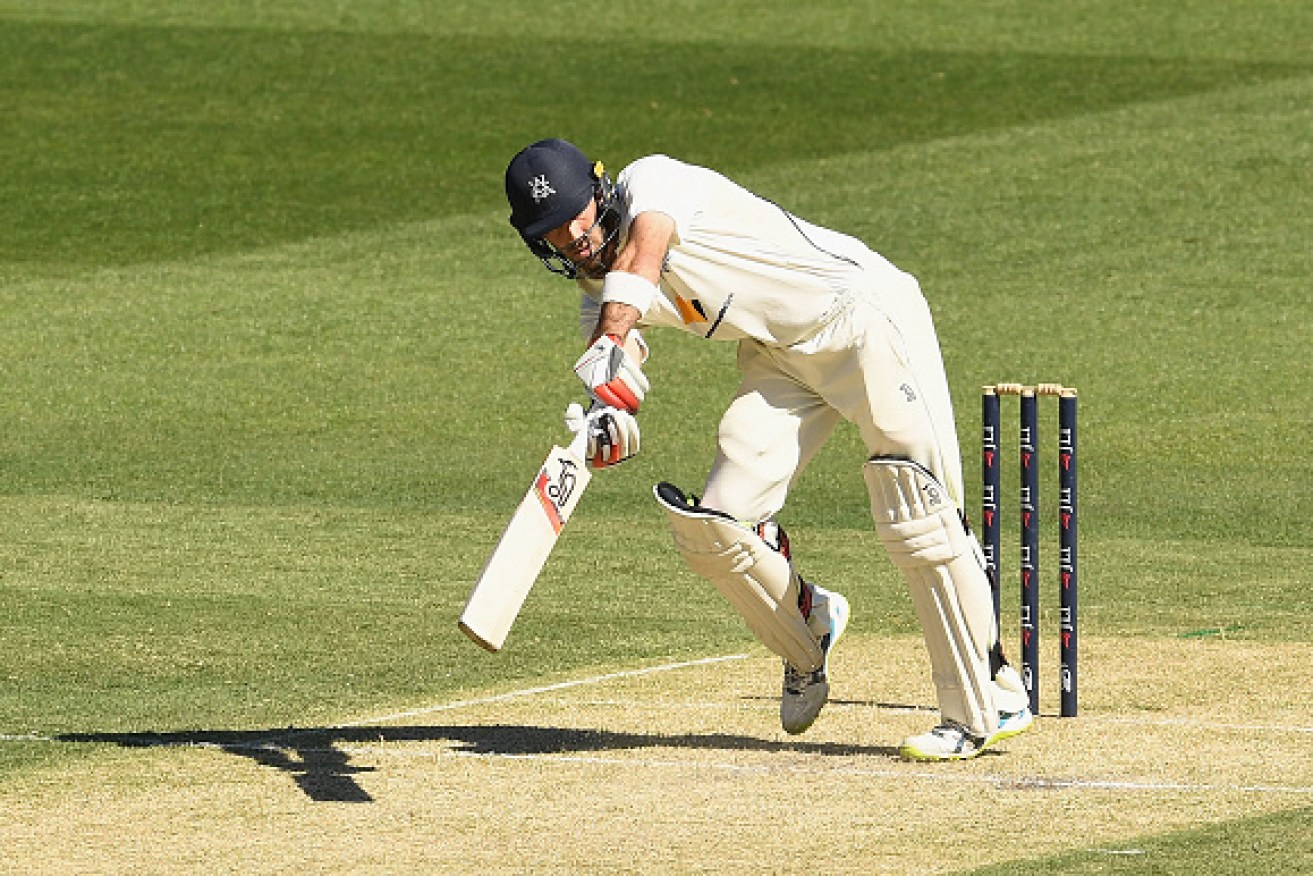 Glenn Maxwell of Victoria plays a shot off his toes during day one of the Sheffield Shield match.   