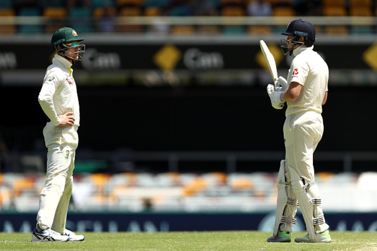 Cameron Bancroft of Australia has words with Jonny Bairstow of England during day four of the first Test at the Gabba.   