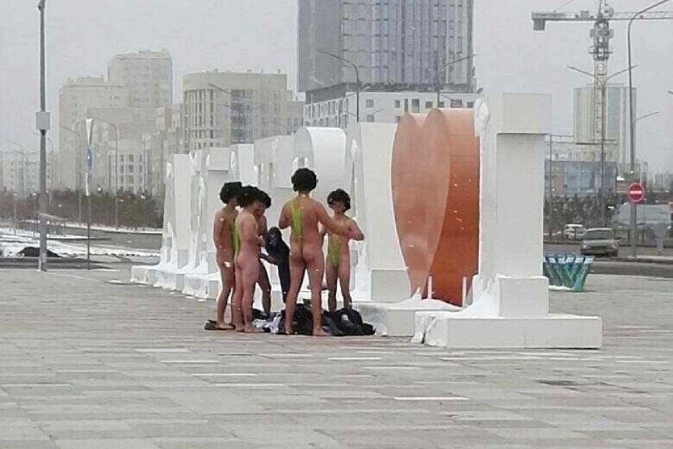 A group of Czech tourists dressed in swimsuits made famous by TV and film character Borat in Astana, Kazakhstan.