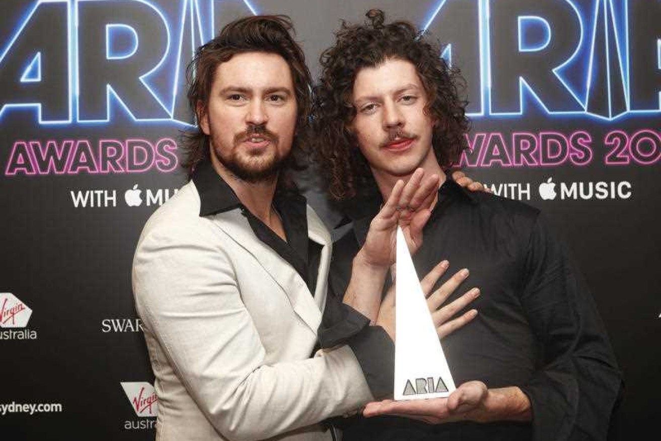 Adam Hyde and Reuben Styles of Peking Duk pose with the ARIA award for Song of the Year.