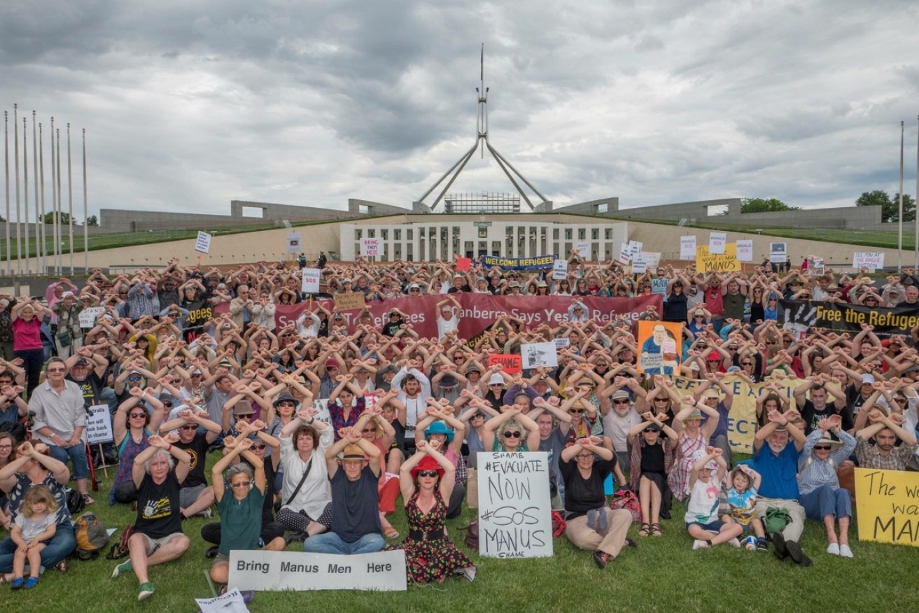 Protesters call for an end to offshore processing on Manus Island and Nauru at Canberra over the weekend.