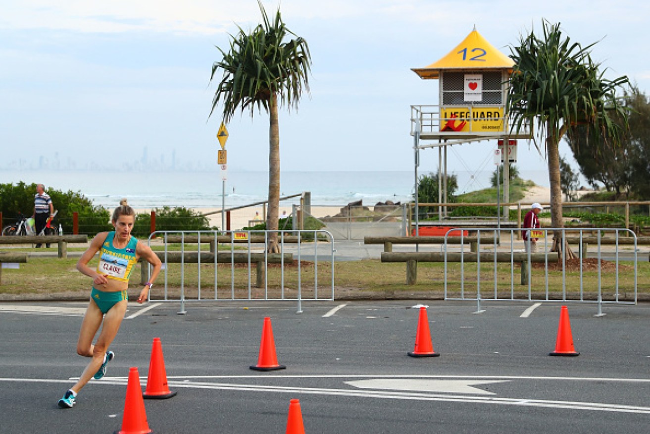 Claire Tallent goes around a corner as she competes during the Race Walk Test Event  on the Gold Coast.  