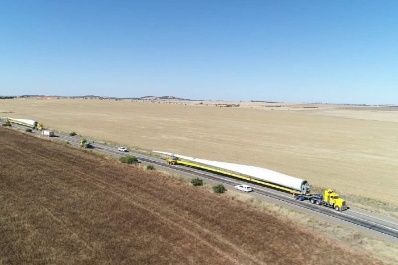 The blades for the Silverton wind farm are carried along the Barrier Highway from Adelaide.  