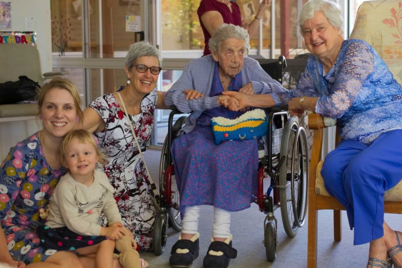 Phyllis Lee (second from right) with Laura Elvery, her daughter Harriet, Marion Elvery and Ruth Delbridge in 2016. 