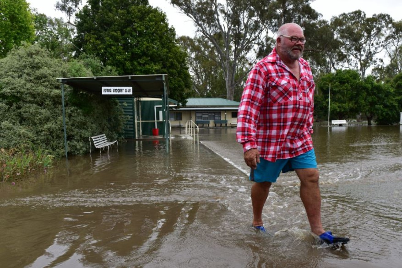Play cancelled: somewhere under that brown water are the manicured greens of the Euroa Bowling Club.