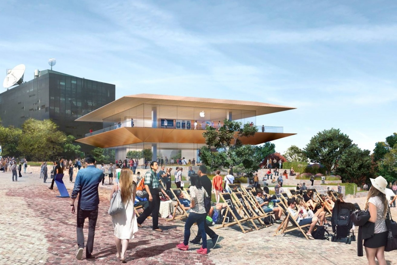 The planned two-storey Apple concept store at Federation Square is pictured.