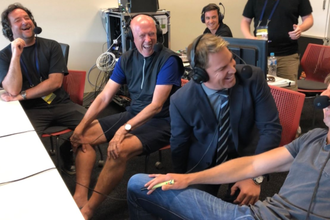 The Triple M cricket commentary team (L-R) Mick Molloy, Kerry O'Keeffe, Shane Warne and Mark Howard. 