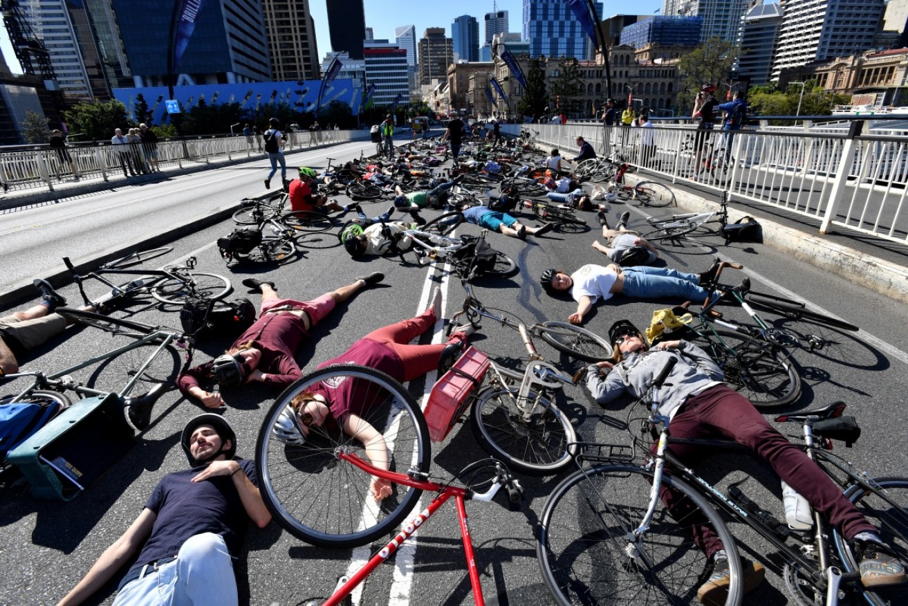 Cyclists staged a mass protest on Victoria Bridge in Brisbane last July.  