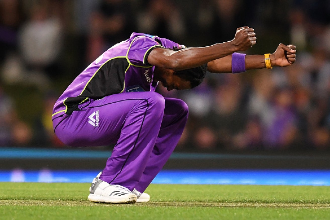 Jofra Archer of the Hobart Hurricanes  celebrates after taking the wicket of Jake Lehmann.