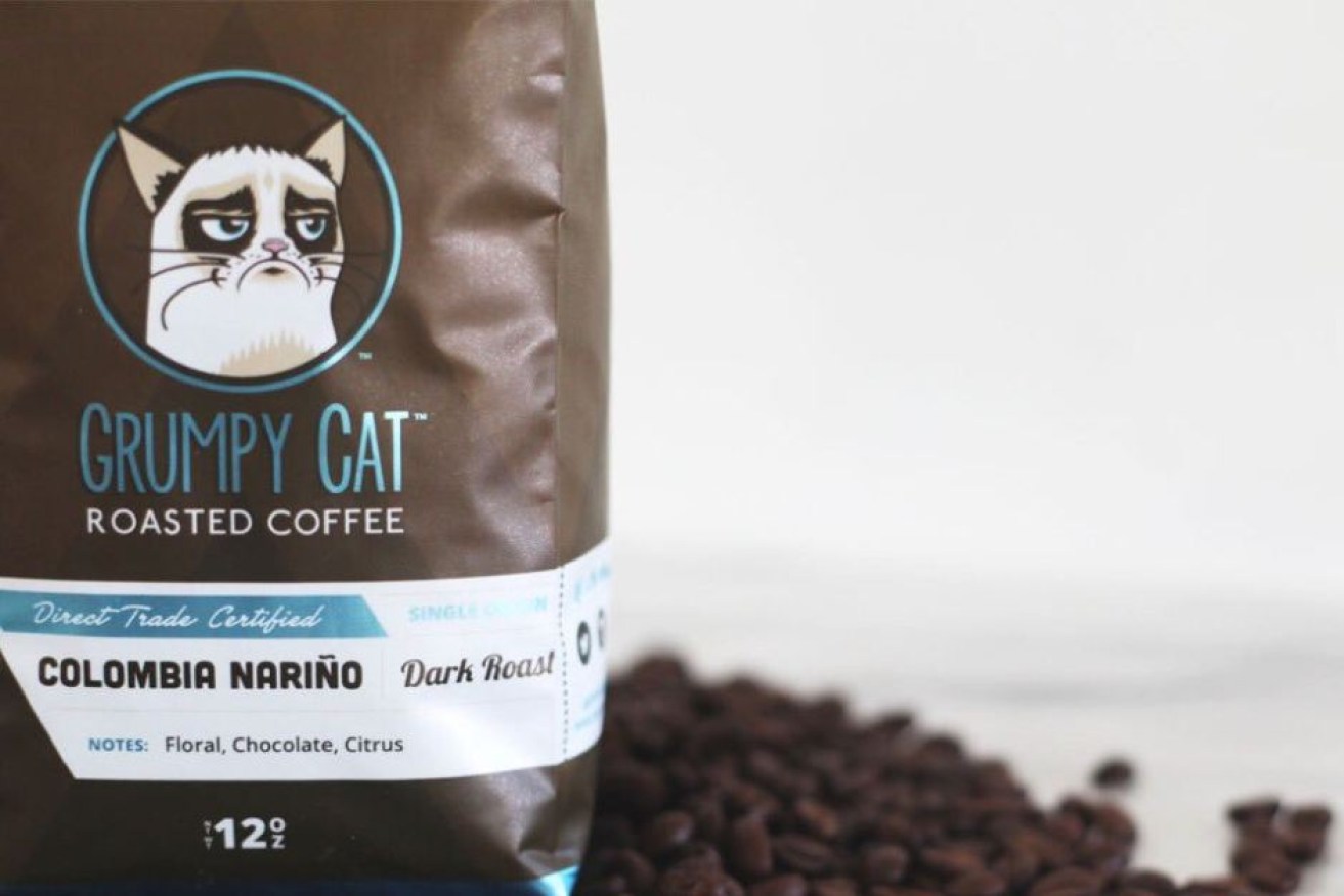 A promotional image from Grumpy Cat Coffee shows the ground coffee at the centre of the dispute.