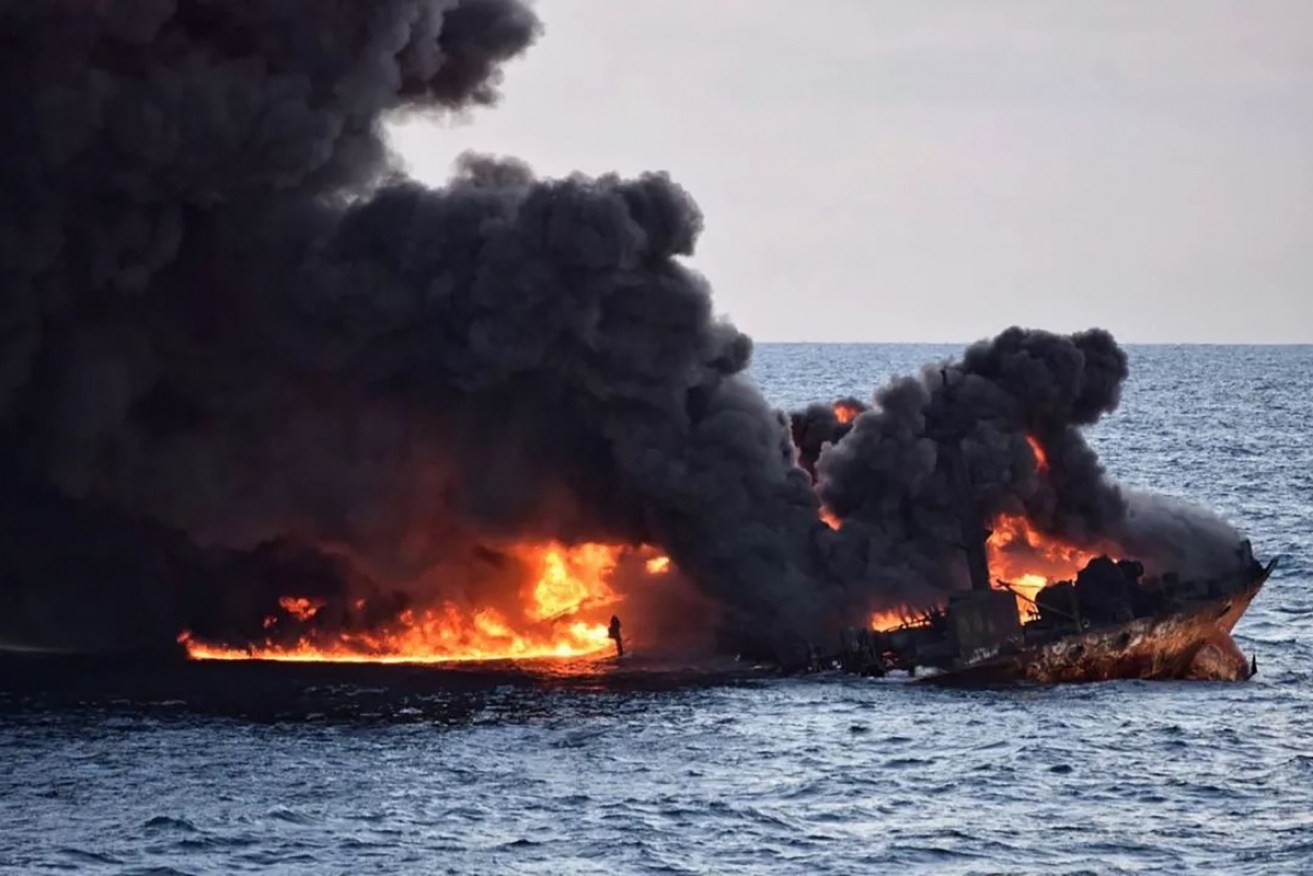 The oiled tanker seen engulfed in fire in the East China Sea.