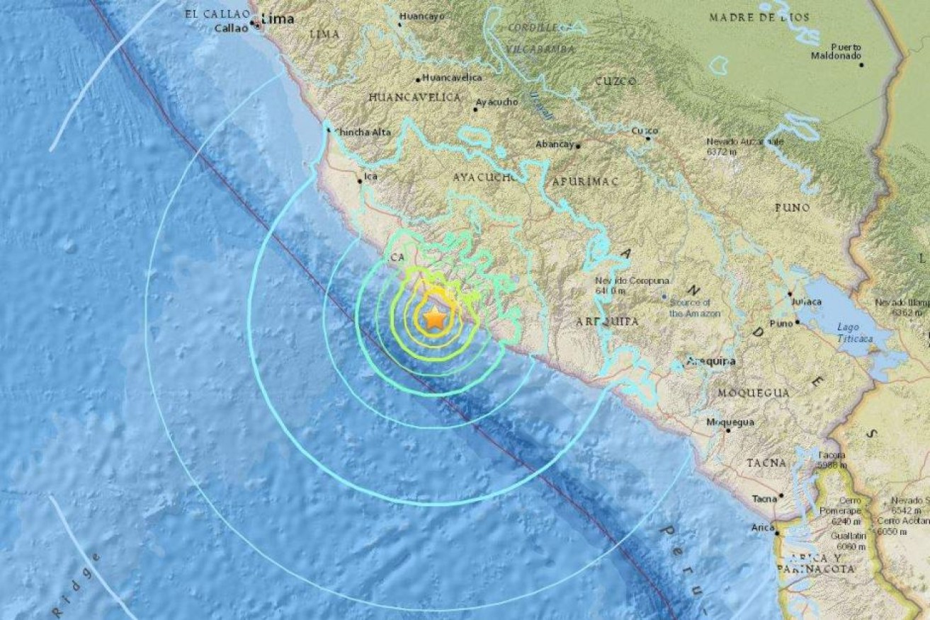 A map showing the location of a magnitude-7.3 earthquake off the coast of Peru.
