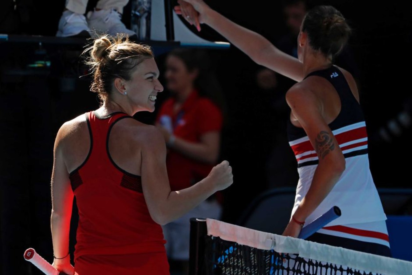 Simona Halep (L) is through to her first Australian Open semi-final after a win over Karolina Pliskova.