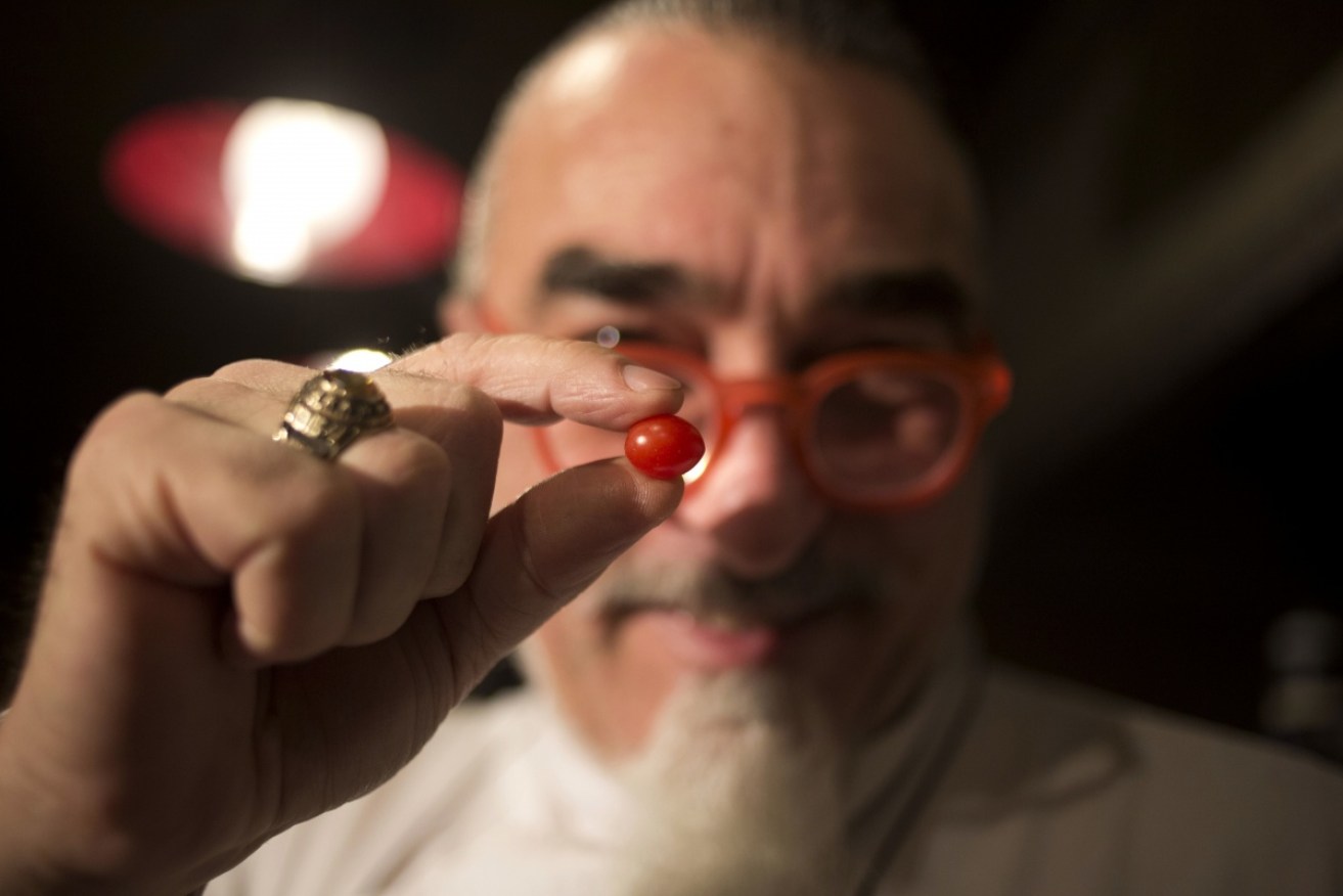 Israeli chef Shaul Ben Aderet holds up a small "drop tomato" at a restaurant in Tel Aviv, Israel.
