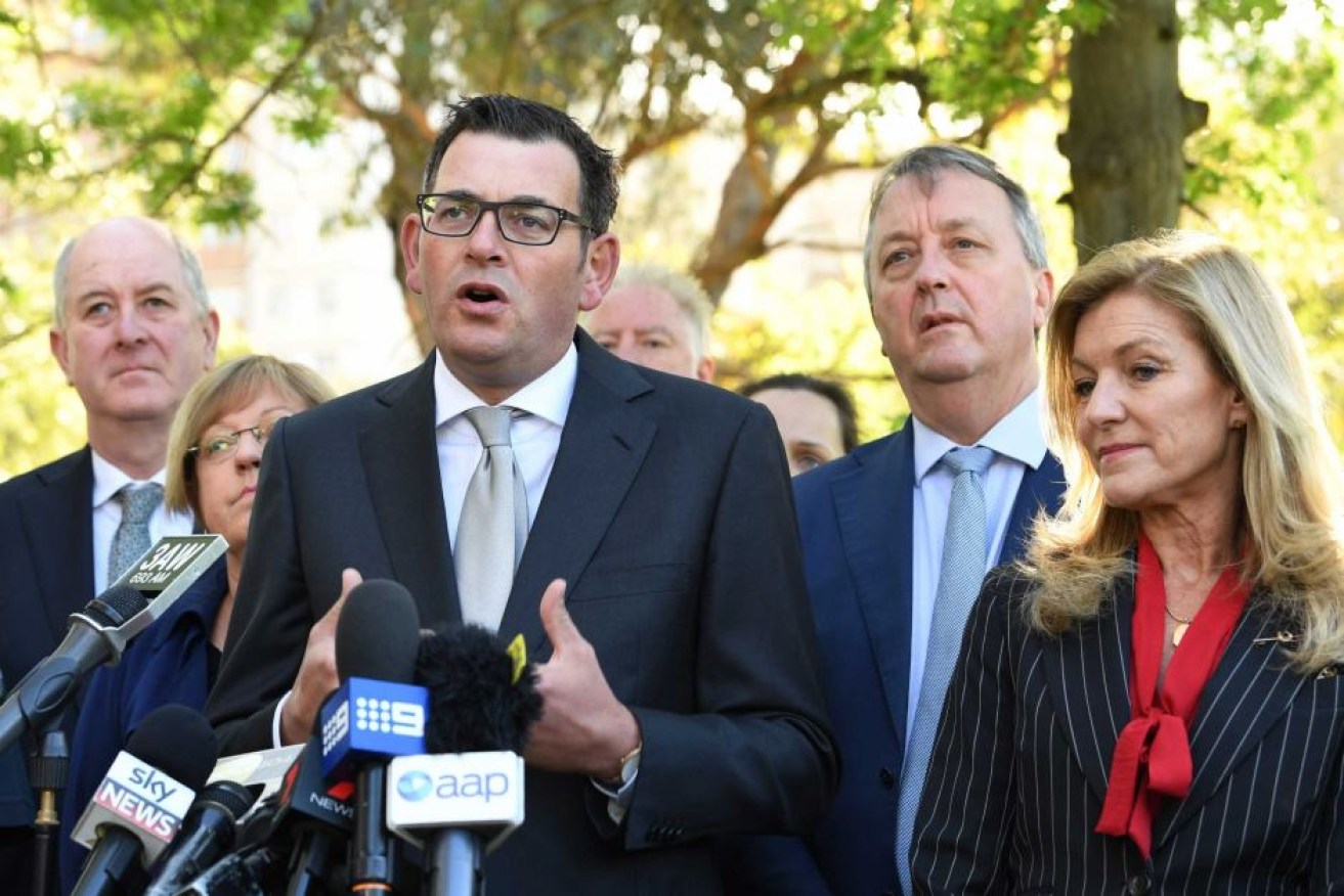 Fiona Patten (right) stood with Daniel Andrews when the safe injecting room trial was announced.