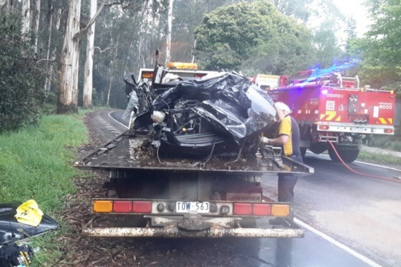 The wreck of a car driven by a P-plater in Victoria who fell asleep behind the wheel in 2015.