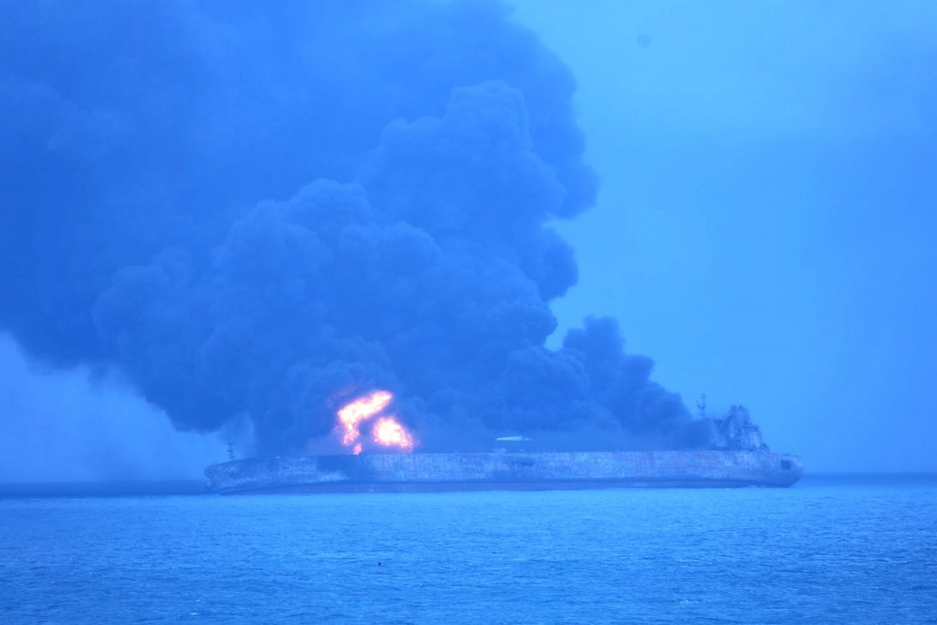There are concerns that a stricken tanker, which hit a freighter on Saturday night in the East China Sea and burst into flames, may explode and sink.