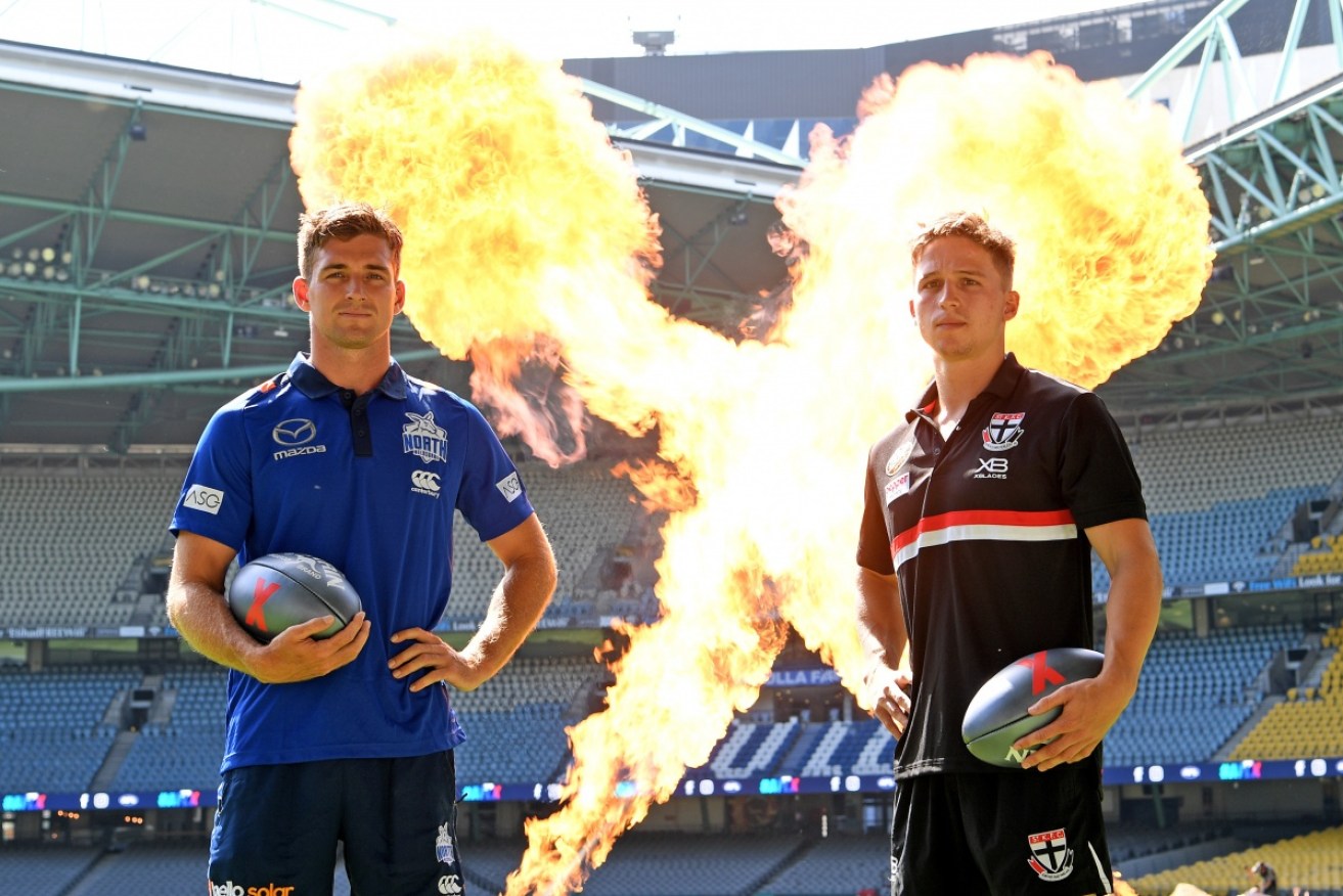 North Melbourne's Shaun Atley (left) and St Kilda's Jack Billings at the AFLX launch. Etihad Stadium 