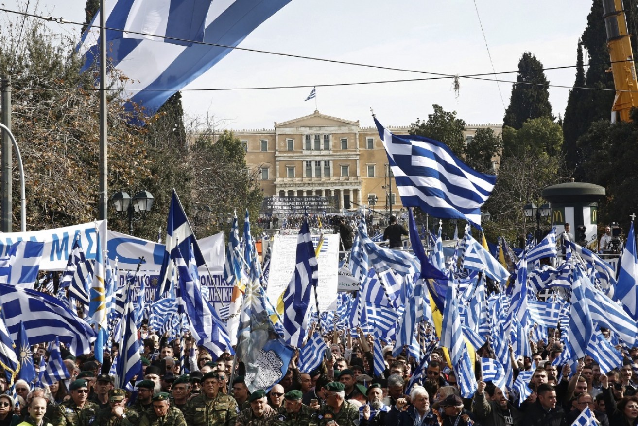 Greeks chanted "Hands off Macedonia!" and "Macedonia belongs to Greece!" in protest against the name of the former Yugoslavian state.