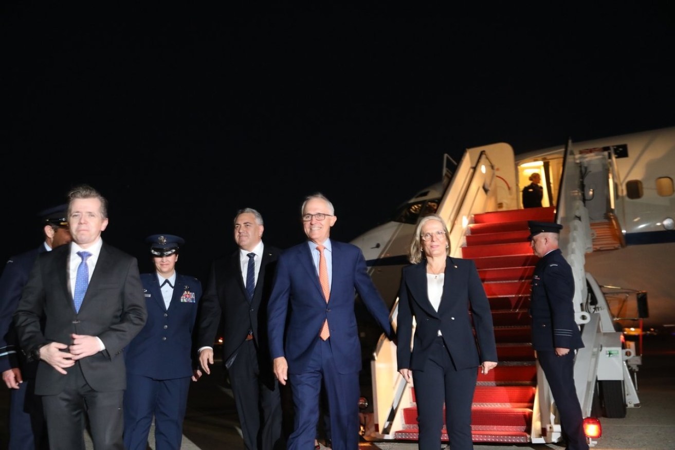 Greeted by Joe Hockey, PM Malcolm Turnbull and wife Lucy land in Washington DC on February 21.