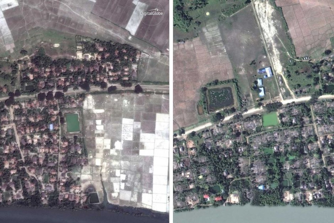 Satellite images show the village of Gu Dar Pyin, Myanmar before and after destruction.
