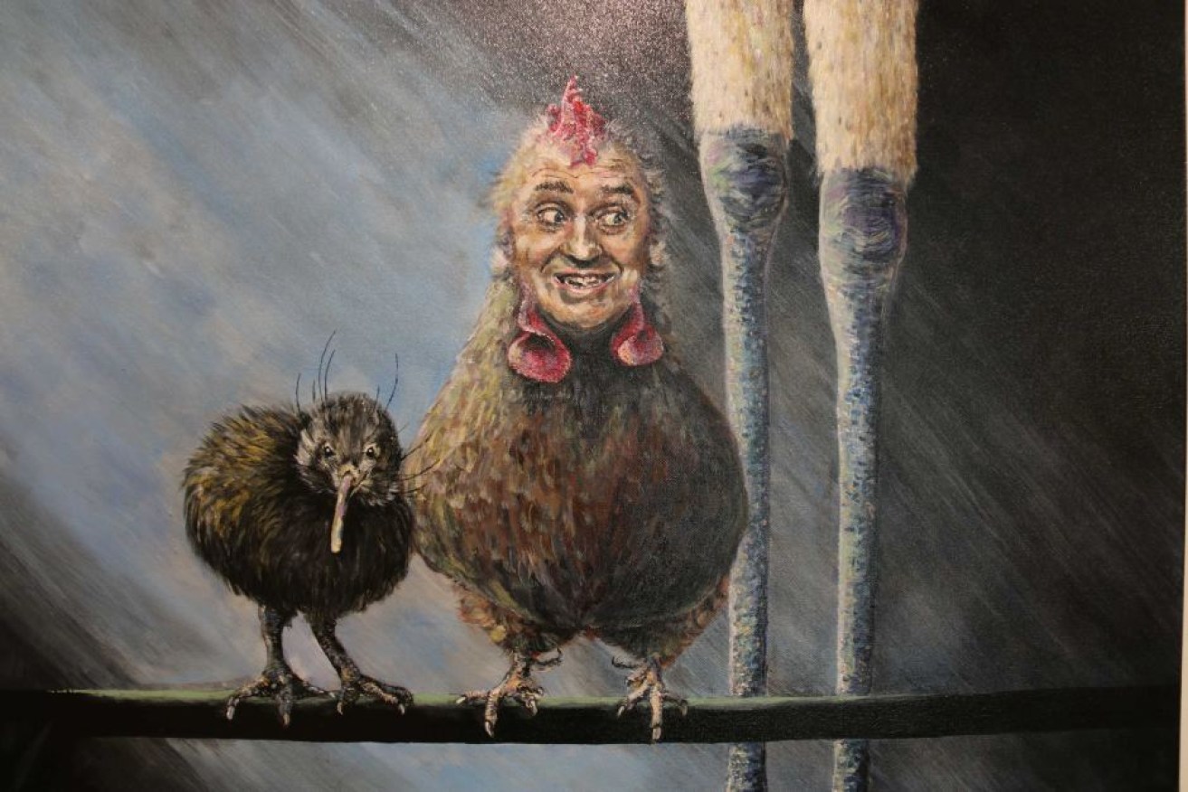 Barnaby Joyce in between a kiwi and an emu in Kwaussie-Mode-O, by Ingrid Jaugiettis.