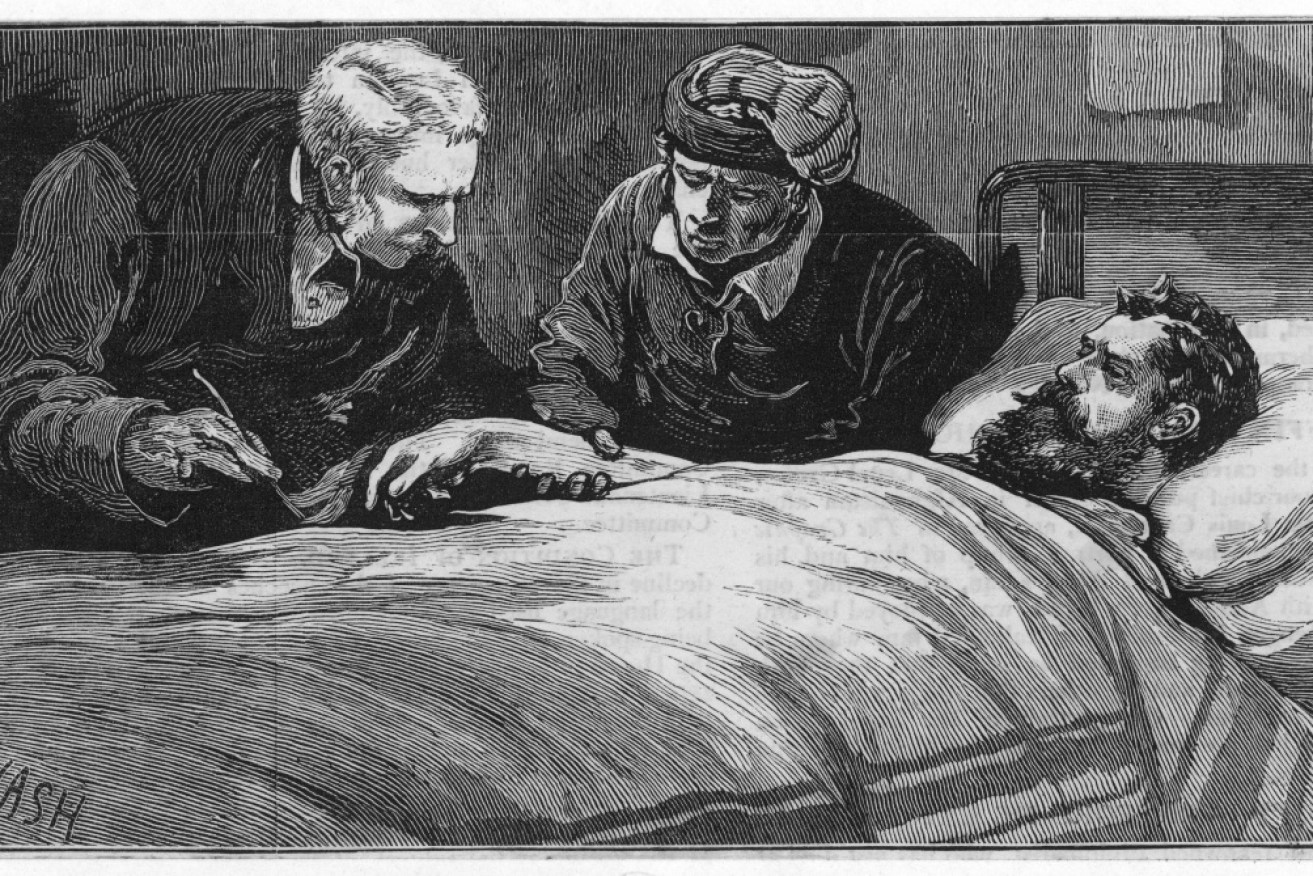 An engraving of Ned Kelly being examined by doctor's at Melbourne gaol. 