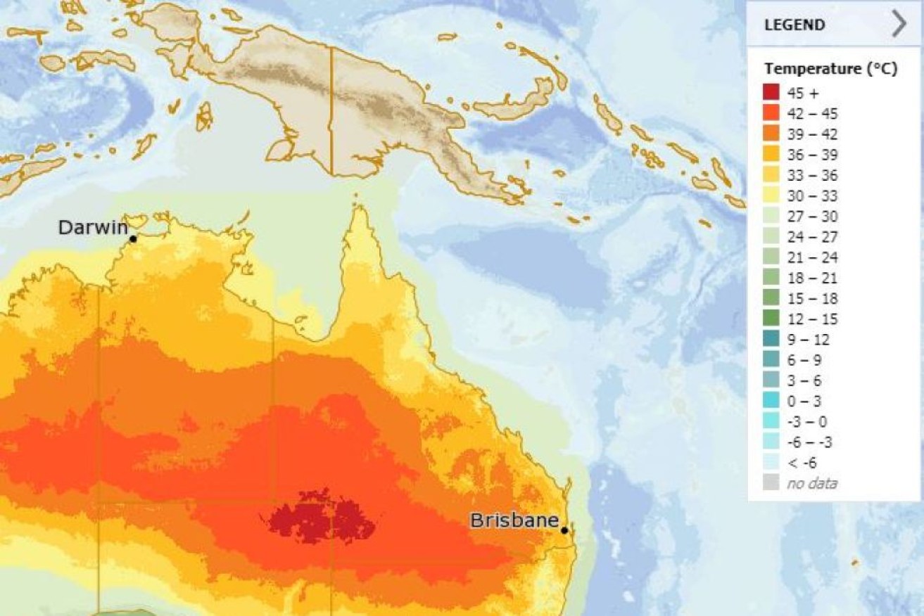 A weather bureau prediction map shows the extent of the severe heat expected on Sunday.