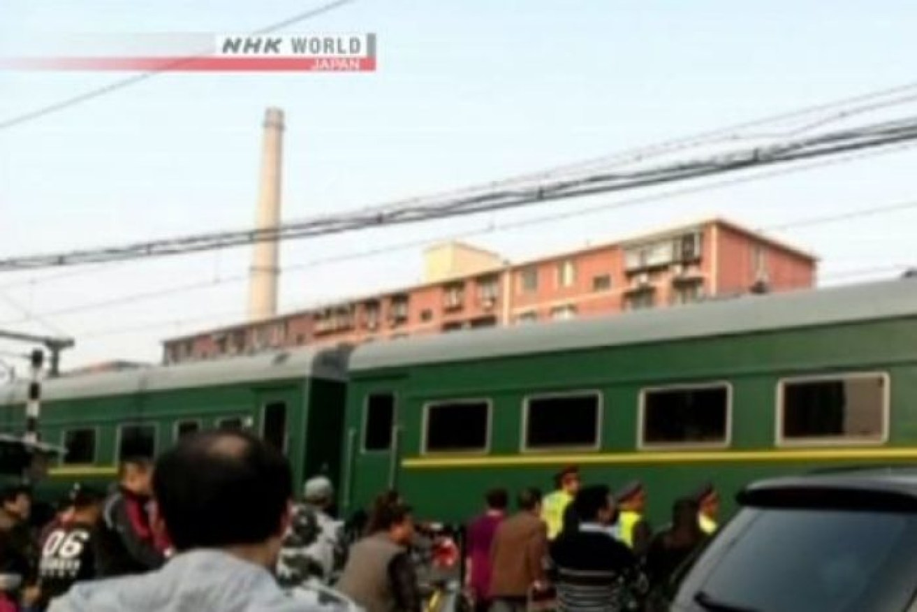 A train believed to be carrying a North Korea delegation arrives in China. 