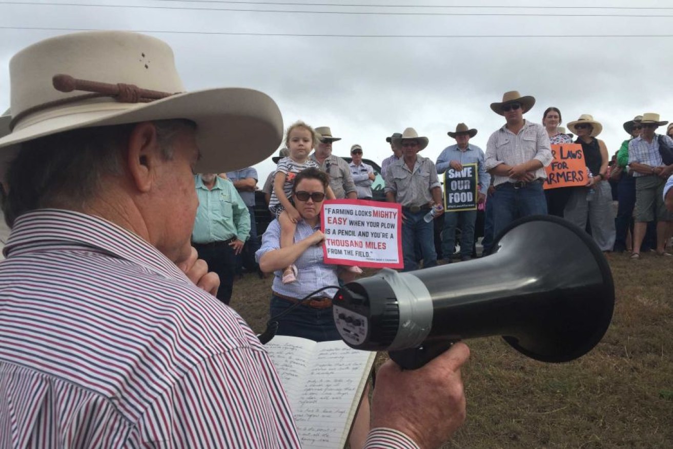 Grazier John Baker leads a group of protestors at the rally near Rockhampton.