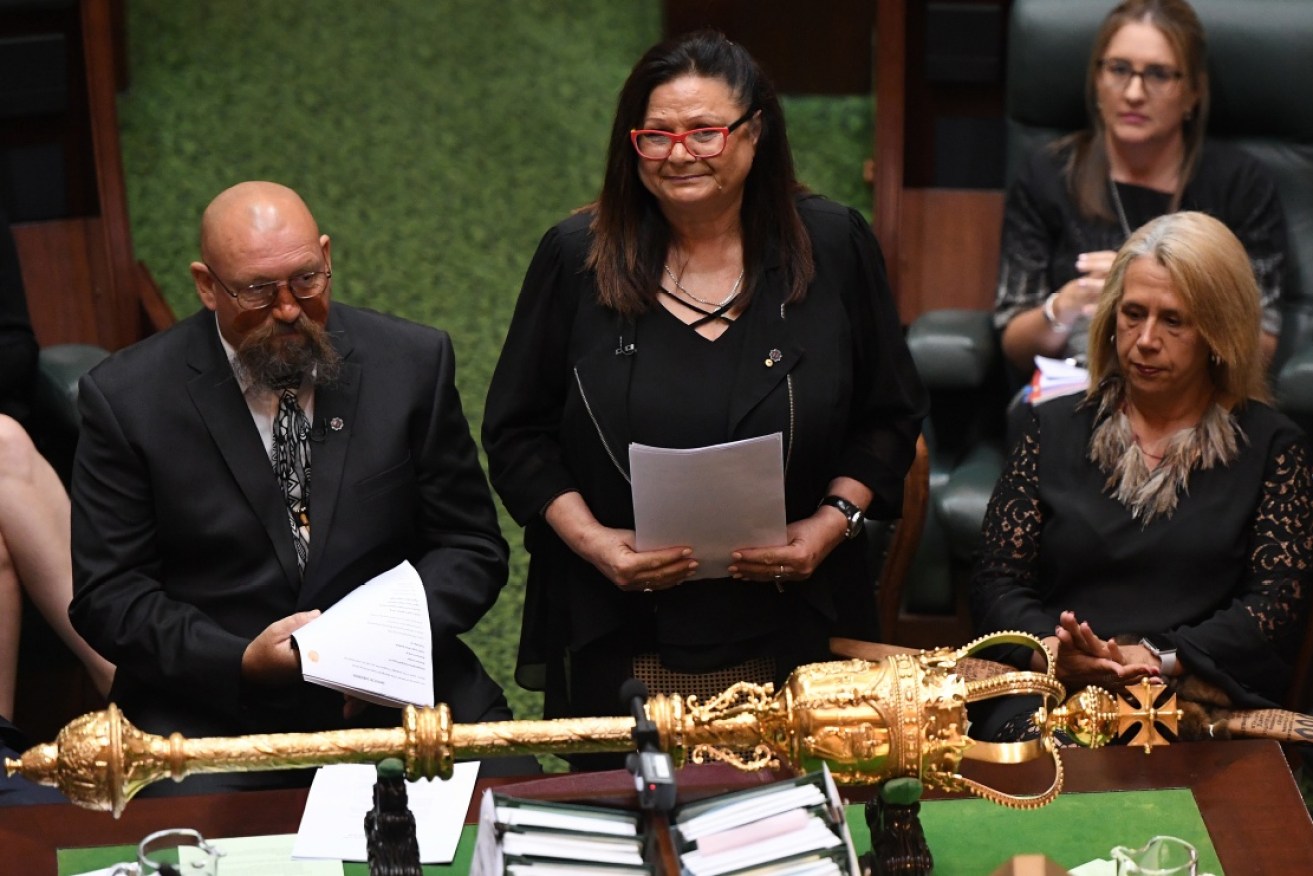 Jill Gallagher, AO, Victorian Treaty Advancement Commissioner (centre) addresses parliament on Wednesday.