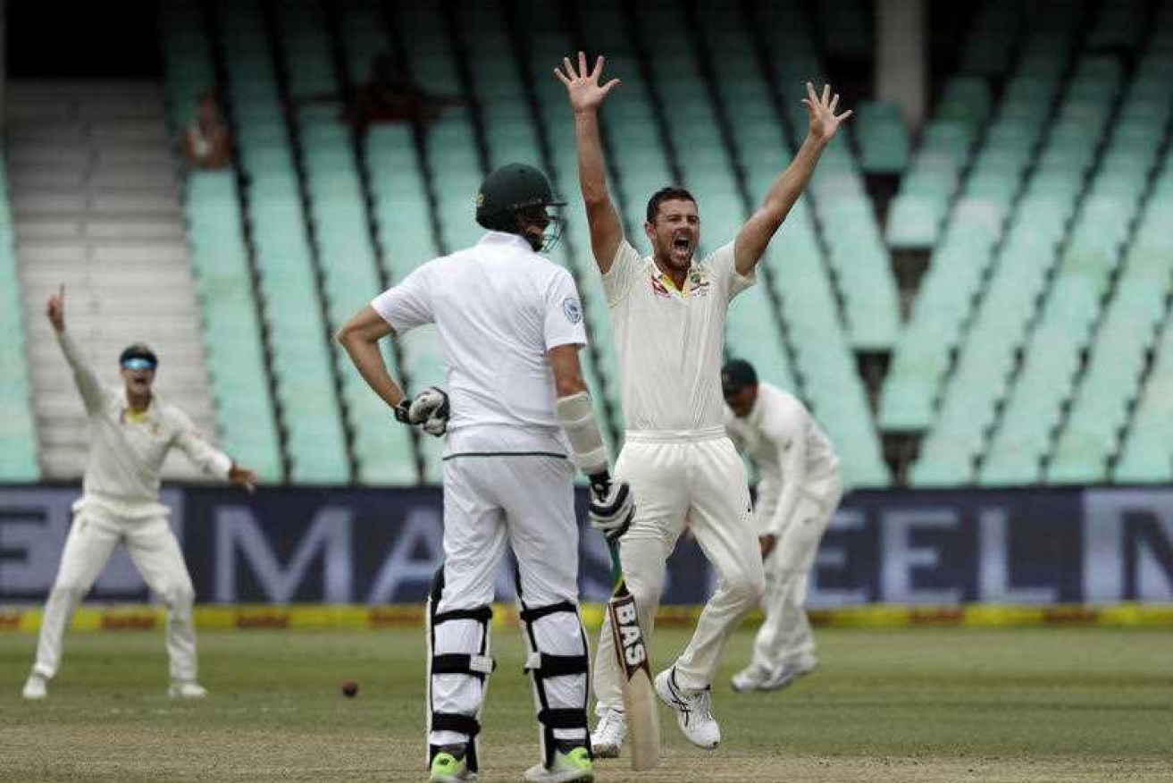 Josh Hazlewood celebrates the final wicket of Quinton de Kock to give Australia victory.