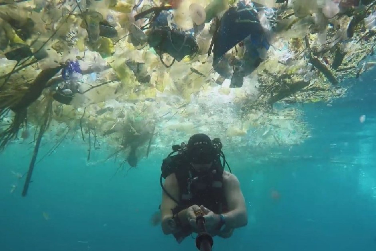 The rubbish is so thick at Manta Point, Indonesia, it forms a solid barrier on the ocean surface.